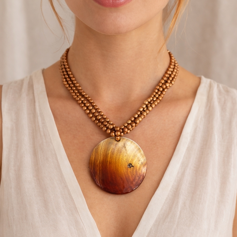 Statement Shell Pendant Necklace Triple Strand Be… - image 1